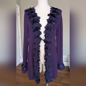 Laura Women’s Ruffle Cardigan Purple Open Front Knit Long Sleeve Size L